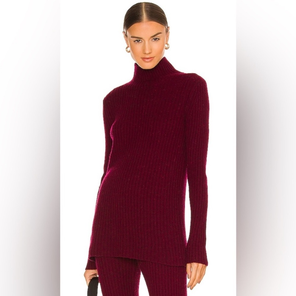 Something Navy Burgundy Ribbed Cashmere Turtleneck Sweater & Split Hem Pants